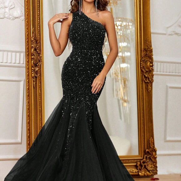 Black Women's One Shoulder Sequin Formal Prom Evening Gown - Picture 5 of 6